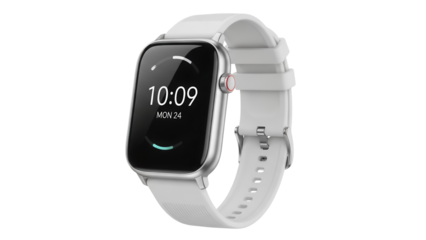 Modern silver smartwatch with white band isolated on transparent PNG, wearable tech for fitness tracking and digital lifestyle