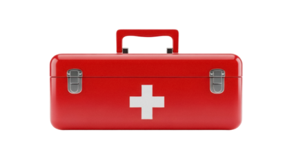 Red first aid kit box isolated PNG, medical emergency equipment for healthcare, medicine, and safety on transparent background