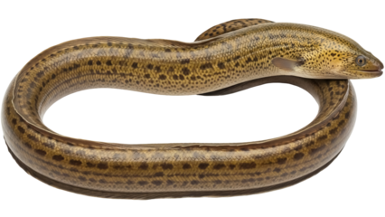 Spotted swamp eel isolated PNG on transparent background, Synbranchus marmoratus fish with brown and yellow spots, freshwater creature