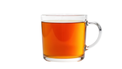 Glass mug with amber tea isolated PNG, transparent cup of hot beverage for breakfast or afternoon break, healthy drink