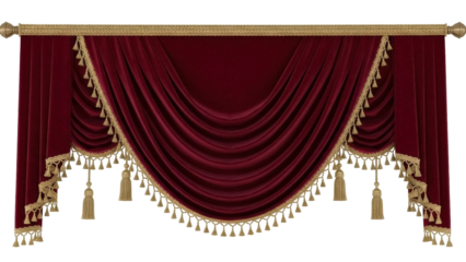 Elegant burgundy velvet swag curtain with gold tassels isolated PNG, luxurious window treatment for theater or formal event decor