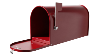Open red metal mailbox PNG isolated on transparent background, rural postal box for mail delivery and residential correspondence