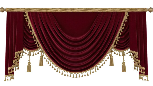 Elegant burgundy velvet swag curtain with gold tassels isolated PNG, luxurious window treatment for theater or formal event decor