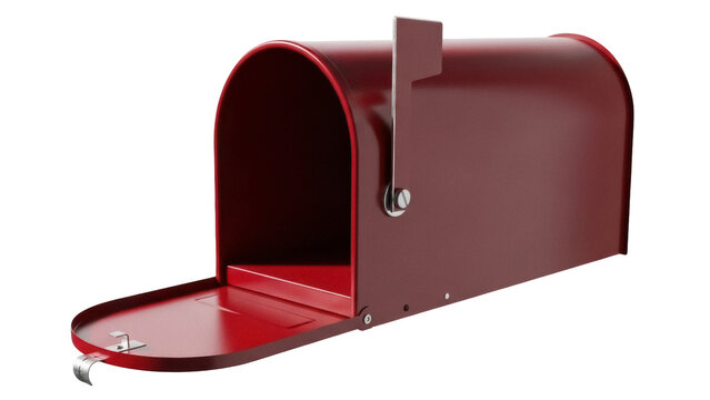 Open red metal mailbox PNG isolated on transparent background, rural postal box for mail delivery and residential correspondence