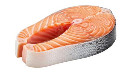 Fresh salmon steak isolated PNG on transparent background, raw fish fillet with skin and orange flesh for healthy eating and gourmet recipes © Sophie
