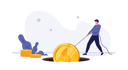 Man pulling a large gold coin out of a hole, illustrating the effort to retrieve lost investments or recover from financial difficulties.
