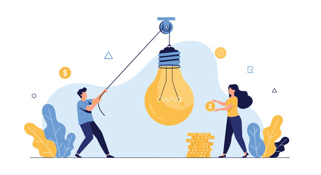 Two people working together to raise a lightbulb with a pulley system, illustrating collaborative innovation and funding creative ideas for business growth.