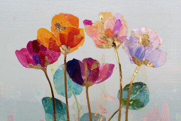 Abstract Watercolor Flowers with Golden Stems
