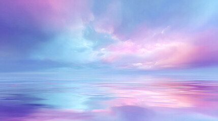 Obraz premium Soft pastel-colored sky reflected on calm water surface, serene and dreamy atmosphere.