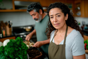 Woman composting organic waste at home in kitchen