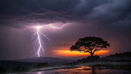 Dramatic lightning bolt illuminates a stormy sky above a solitary tree silhouette and colorful sunset horizon with falling rain.