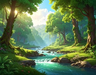Lush, sunny landscape with a river flowing through a vibrant forest