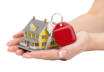 Caucasian woman's hands with french manicure presenting a detailed miniature yellow colonial house model and red key fob, macro studio shot on transparent. concept of new home ownership