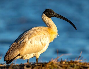 A white bird with a black head and long curved beak