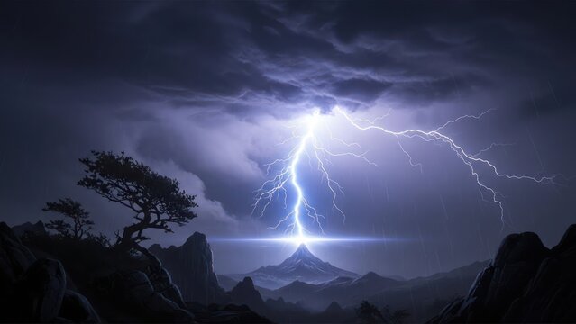 Powerful lightning bolt striking a majestic mountain peak under a dark, stormy sky. Dramatic thunderstorm and weather phenomenon. - Powered by Adobe