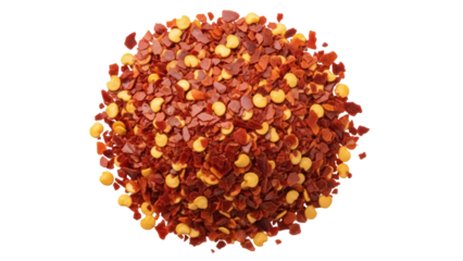 Pile of red pepper flakes isolated PNG, crushed chili flakes for spicy cooking and seasoning on transparent background