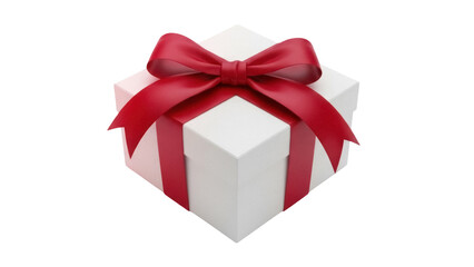 Obraz premium Elegant white gift box with red ribbon isolated PNG, present for Christmas or birthday on transparent background, celebration and surprise
