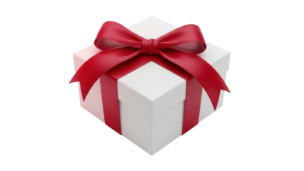 Elegant white gift box with red ribbon isolated PNG, present for Christmas or birthday on transparent background, celebration and surprise