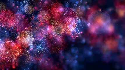 Vibrant display of colorful fireworks against a dark blue sky, creating a festive and celebratory atmosphere.