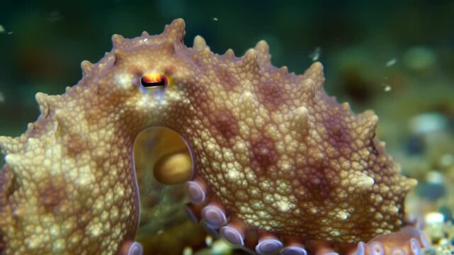 Close-up of octopus eye, underwater, looking at viewer; used for education