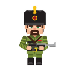 Pixel Art Style Military soldier character wearing traditional green uniform with weapon and