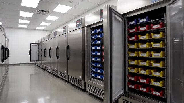 Row of large stainless steel laboratory freezers in clean modern facility