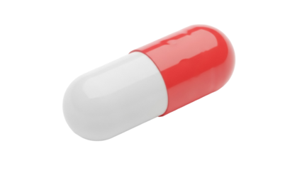 Red and white capsule isolated PNG on transparent background, medicine pill for healthcare and pharmaceutical use