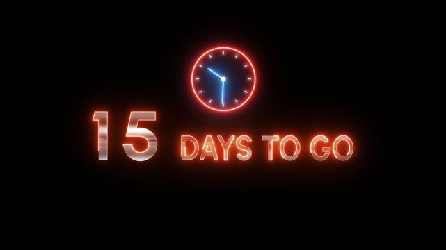 15 Days to go animation. Timer clock icon.  Neon counting days. Neon countdown timer.