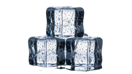 Stack of three ice cubes PNG isolated on transparent background, refreshing frozen water blocks for drinks and chilling