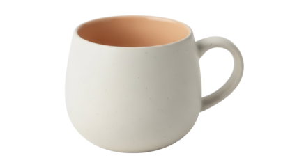 Ceramic mug with handle isolated PNG, light green speckled coffee cup with peach interior on transparent background, kitchenware for hot drinks