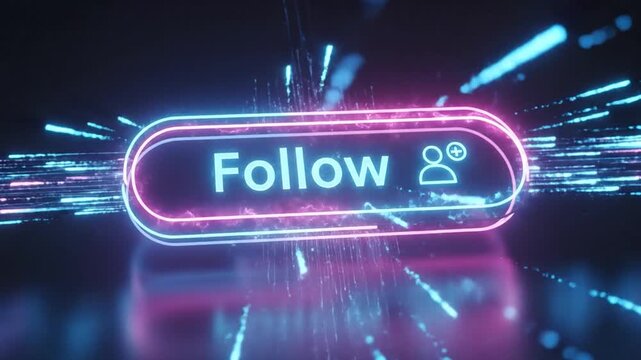 Social media follow button, glowing vibrant blue pink neon light.