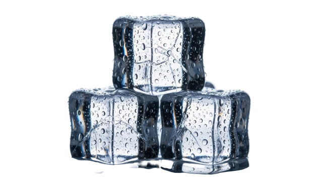 Stack of three ice cubes PNG isolated on transparent background, refreshing frozen water blocks for drinks and chilling
