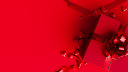 Red gift box ribbon hearts valentine background copy space. 3d rendering