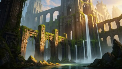 Mystical ancient ruins with cascading waterfall and overgrown architecture, a fantasy lost city reclaimed by nature at sunrise.