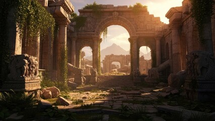 Ancient ruins of a forgotten temple at golden hour, overgrown stone architecture with dramatic sunlight and distant mountains