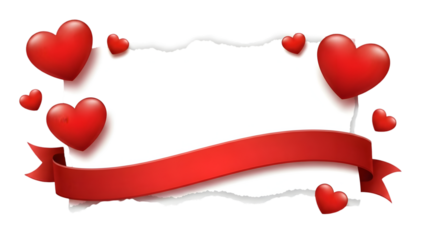 Red hearts and ribbon on isolated white card on transparent background