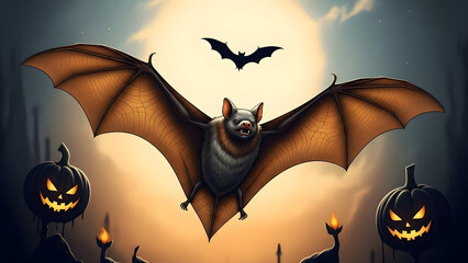 A large bat flies across a spooky full moon sky with halloween pumpkins