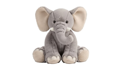 Cute gray elephant plush toy isolated PNG, soft stuffed animal for kids and nursery decor on transparent background