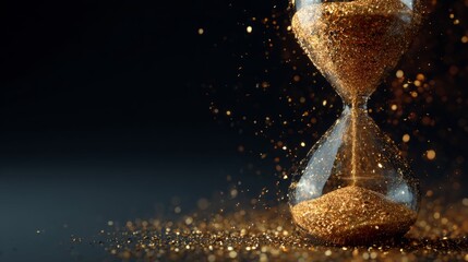 Golden hourglass with shimmering sands flowing against a dark backdrop.