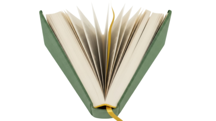 Open green book with yellow bookmark isolated PNG, reading material for education and literature on transparent background