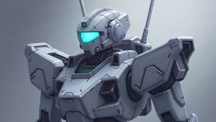 Futuristic humanoid combat robot with glowing blue visor, representing advanced artificial intelligence, engineering, and science fiction technology.