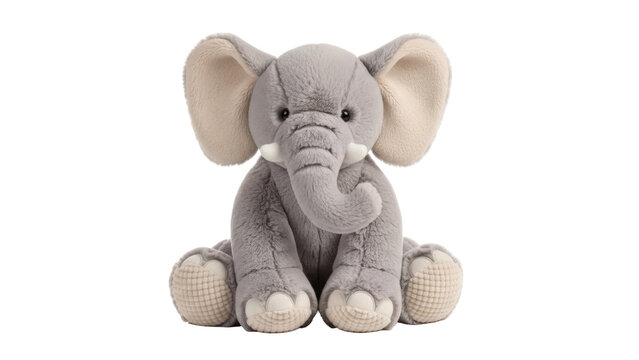 Cute gray elephant plush toy isolated PNG, soft stuffed animal for kids and nursery decor on transparent background
