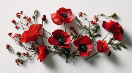 Red Poppy Flowers Arrangement on White Background