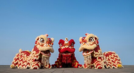 Fototapeta premium Three Traditional Chinese Lion Dance Costumes Against Blue Sky Background.