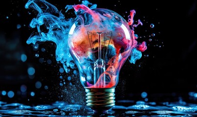 Bright bulb engulfed in colorful bursts of ink