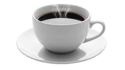 Steaming black coffee in a white cup isolated on transparent background, hot beverage PNG for breakfast and cafe use