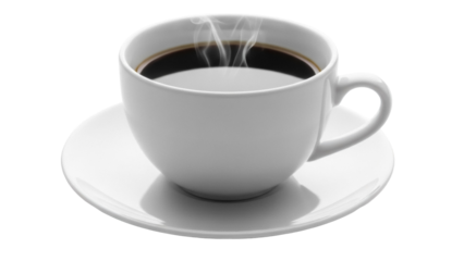 Steaming black coffee in a white cup isolated on transparent background, hot beverage PNG for breakfast and cafe use