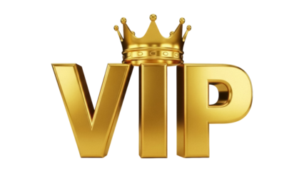 Golden VIP letters with crown isolated PNG, luxury membership concept for exclusive access and premium services on transparent background