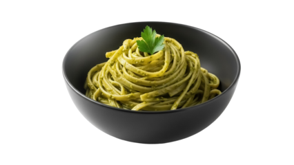 Delicious linguine pasta with pesto sauce in a black bowl isolated PNG, Italian cuisine dish with fresh basil for restaurant menu