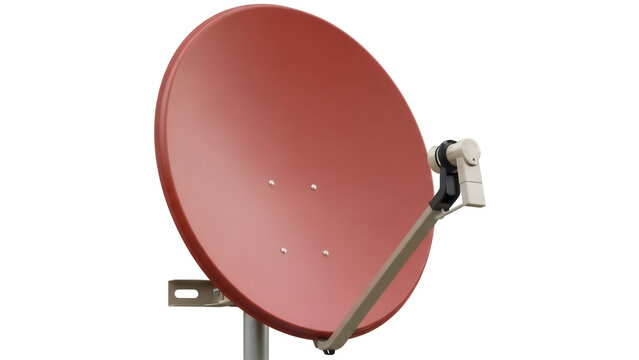 Red satellite dish antenna isolated PNG, communication technology for television and radio signal reception on transparent background